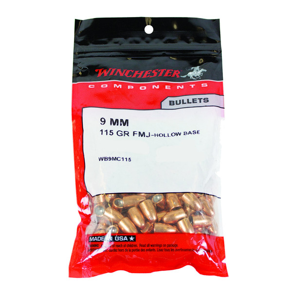 WINCHESTER AMMO 9mm 115Gr FMJ Hollow Base Bullets (WB9MC115)