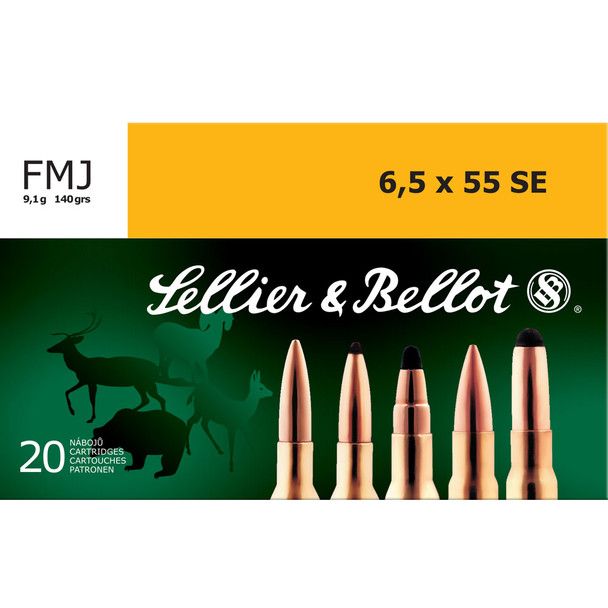 SELLIER & BELLOT 6.5x55mmSE 140 Grain FMJ Ammo, 20 Round Box (SB6555C)