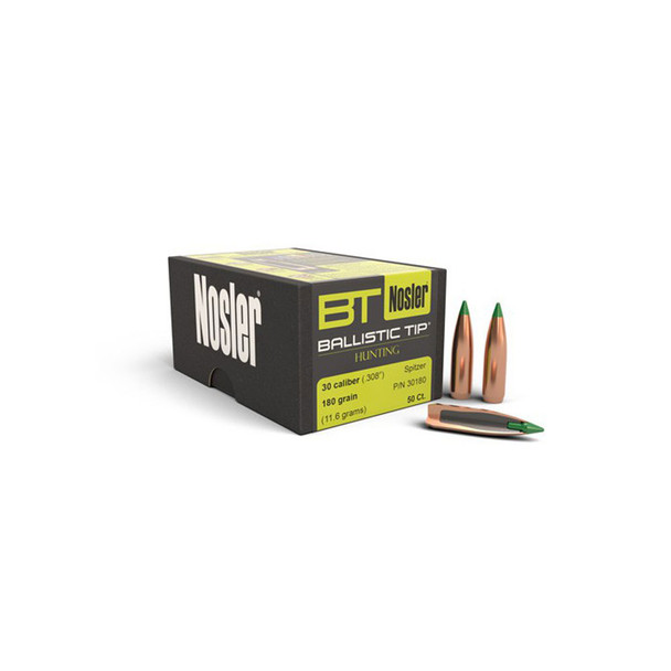 NOSLER Ballistic Tip Hunting .30 Caliber .308" 180Gr Spitzer 50rd Box Bullets (30180)