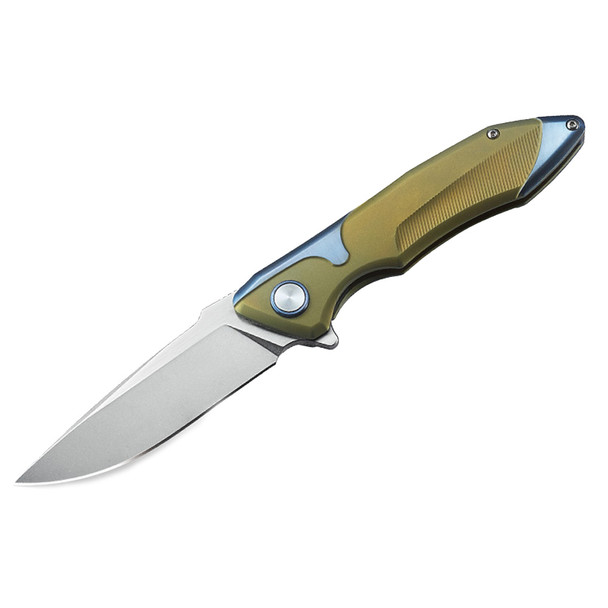 BESTECH KNIVES Star Fighter 3.54in Stonewash/Flat Satin Blade Gold Titanium Folding Knife (BT1709A)