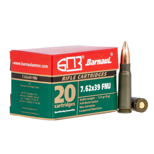 BARNAUL AMMO 7.62x39mm 123Gr FMJ 20rd Box Rifle Ammo (762X39FMJ123)