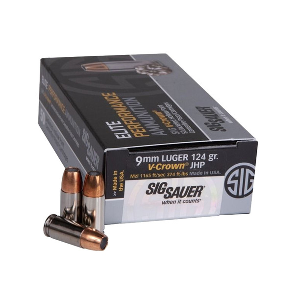 SIG SAUER Elite V-Crown 9mm Luger 124Gr Jacketed Hollow Point 50 Bx /20 Cs Ammo (E9MMJHP124-50)