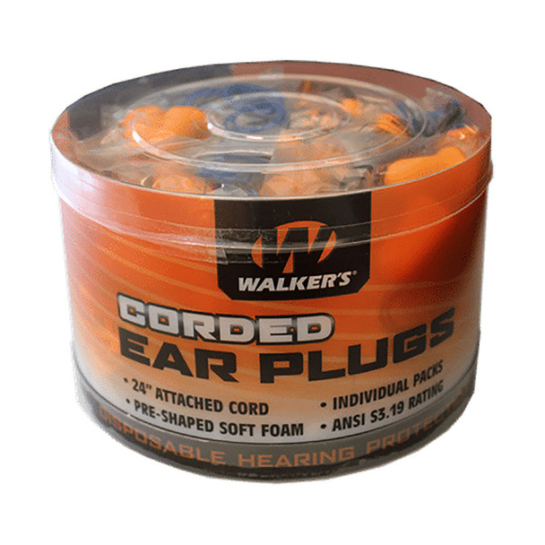 WALKER'S GAME EAR Foam Ear Corded Plugs, 50 Pair Jar (GWP-CORDPLGBKT)