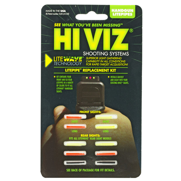 Hi-Viz LiteWave Handgun Replacement LitePipe Set. Includes Green and Red Front LitePipes in Two Sizes, Plus Green, Red and Black Rear LitePipes in One Size. Fits Any LiteWave Sight. LWH-KIT