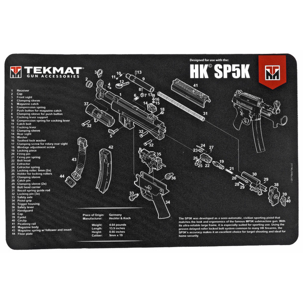 TekMat Pistol Mat For Heckler & Koch SP5K, 11"x17", Black, Includes Small Microfiber TekTowel, Packed In Tube TEK-R17-HK-SP5K