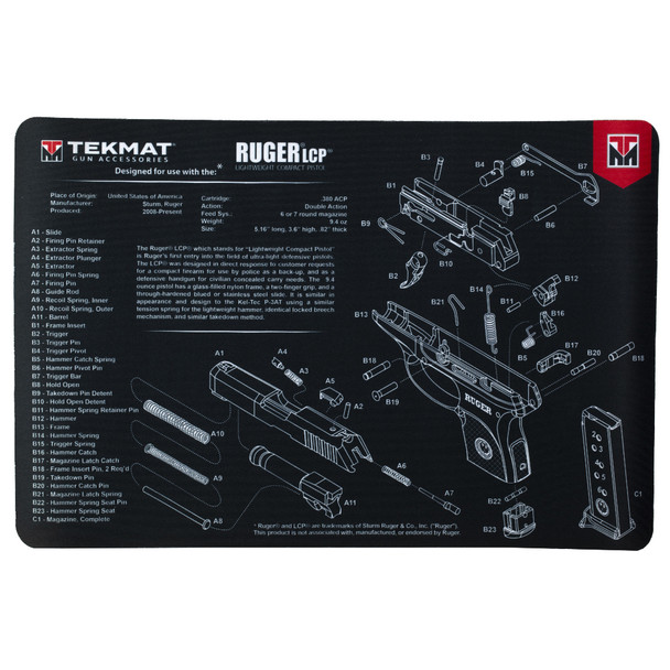 TekMat RUGER LCP Pistol Mat, 11"x17", Black, Includes Small Microfiber TekTowel, Packed In Tube TEK-R17-RUGERLCP