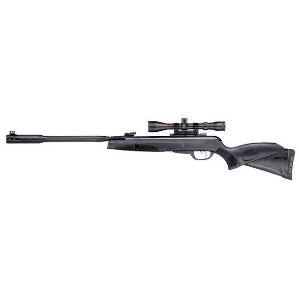 Gamo Whisper Fusion Mach 1, .22 Pellet, Black Finish, Synthetic Stock, Dual Noise Dampening Technology, Fluted Polymer Jacketed Rifled Steel Barrel, Inert Gas Technology, 3-9x40 Scope, Single Shot, 1020 Feet Per Second 611006325554