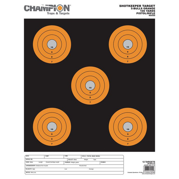 CHAMPION TARGETS Shotkeeper, 5 Bulls Bright Orange Large 12 Pk, Card (45555)