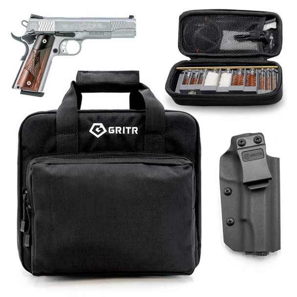 S&W 1911 45 ACP 5in 8rd Glass Bead Semi-Automatic Pistol with Gritr 1911 IWB Right Hand Kydex Holster, Gritr Multi-Caliber Cleaning Kit and Gritr Soft Pistol Case