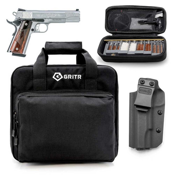 S&W 1911 45 ACP 5in 8rd Glass Bead Semi-Automatic Pistol with Gritr 1911 IWB Left Hand Kydex Holster, Gritr Multi-Caliber Cleaning Kit and Gritr Soft Pistol Case