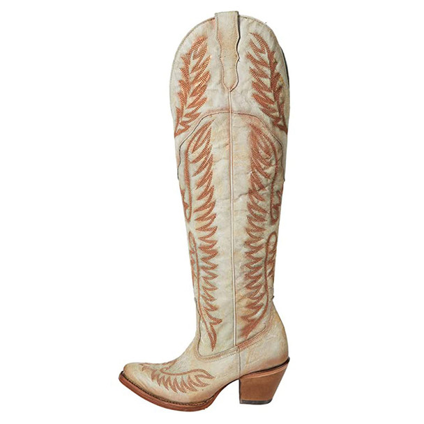 CORRAL Women's White Embroidery Tall Top Boots (A4212)