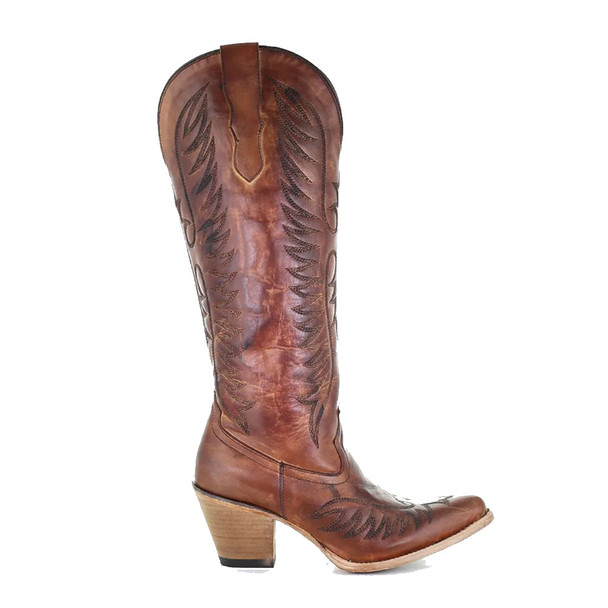 CORRAL Women's Cognac Brown Embroidery Tall Leather Boots (E1570)