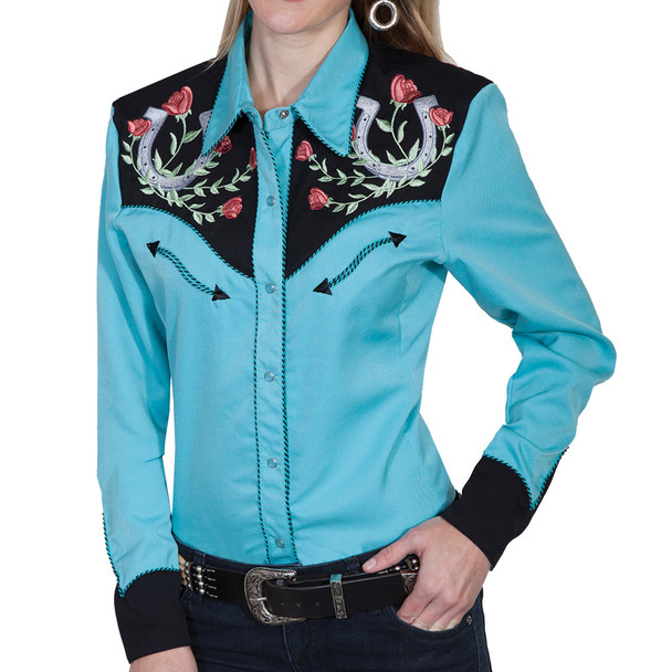 SCULLY Womens Western Apparel Turquoise Long Sleeve Shirt (PL-637-TUR)