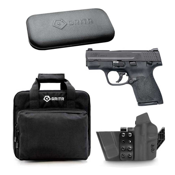 SMITH & WESSON M&P Shield M2.0 9mm 3.1in 1x7rd 1x8rd Black Semi-Auto Thumb Safety Pistol with GRITR IWB Kydex Right Hand Gun Holster For Smith & Wesson Shield/Shield Plus, GRITR Multi-Caliber Universal Gun Cleaning Kit and GRITR Soft Pistol Case