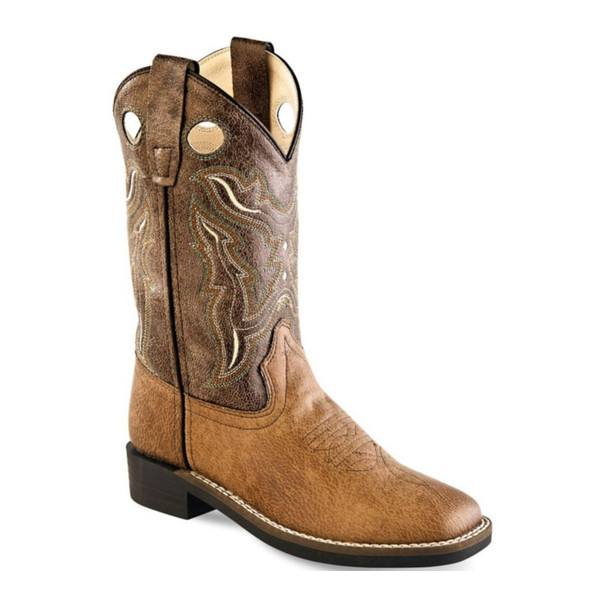 OLD WEST Children All Over Leatherette Tan Vintage and Brown Crackle Broad Square Toe Boots (VB9113)