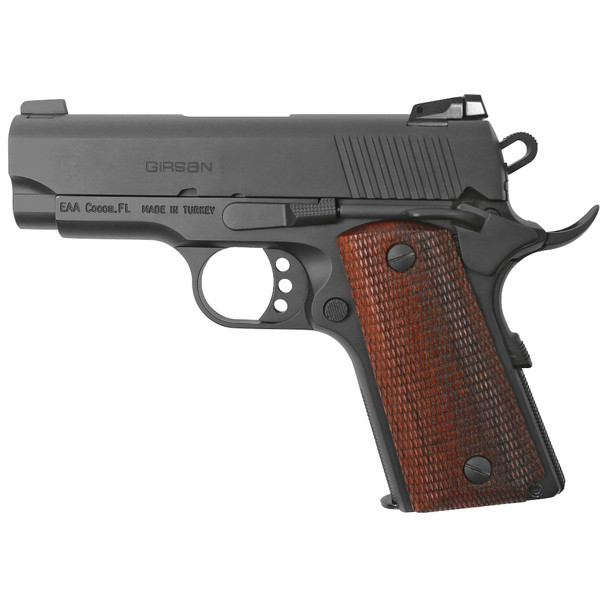 Girsan MC1911SC, Semi-automatic, 1911 Officer Model, 45ACP, 3.4" Barrel, Steel Frame, Black, Wood Grips, Ambidextrous Safety, Extended Beavertail, Adjustable Rear Sight, 6Rd GIRSANMC1911SC45ACPBL