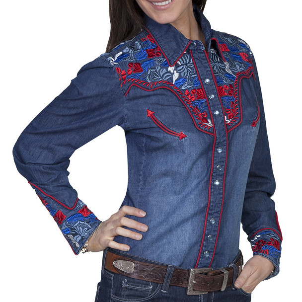 SCULLY Womens Western Apparel Denim Long Sleeve Shirt (PL-654C-DEN)