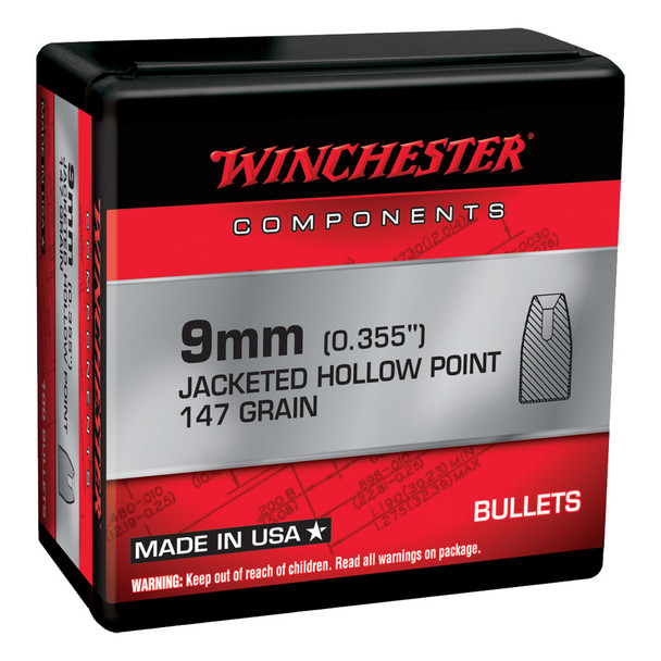 WINCHESTER AMMO Components 9mm JHP Subsonic 147 Grain 500 Handgun Bullets (WB9JHP147D)