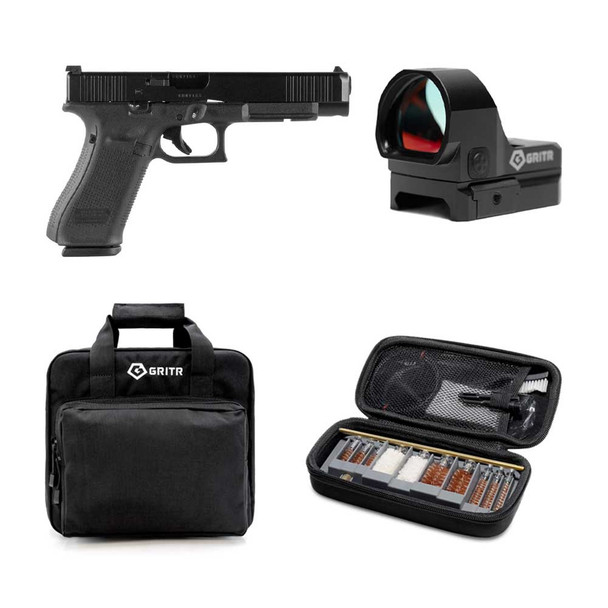 GLOCK G34 Gen5 MOS 9mm 5.31in 17rd Semi-Auto Pistol with GRITR Caracara 3.0 MOA Single Red Dot Reticle Reflex Sight, GRITR Multi-Caliber Gun Cleaning Kit and GRITR Soft Black Pistol Case