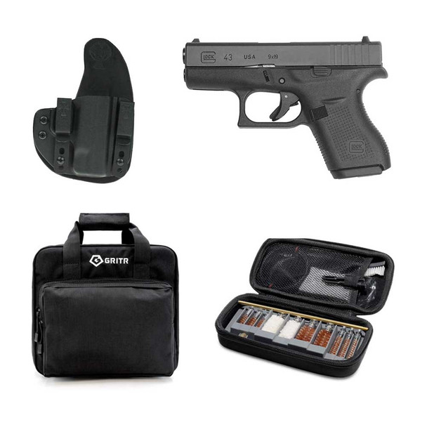 GLOCK G43 9mm 3.39in 6rd Semi-Automatic Pistol with CROSSBREED The Reckoning Right Hand IWB Holster For Glock 43/43X, GRITR Multi-Caliber Gun Cleaning Kit and GRITR Soft Black Pistol Case