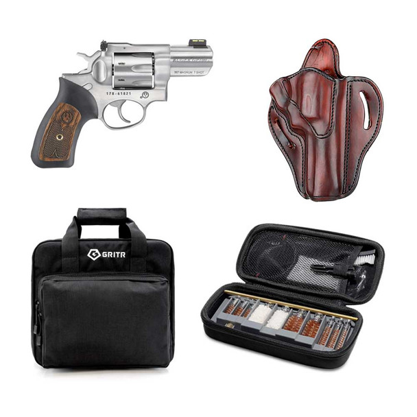 RUGER GP100 357 Magnum 2.5in 7rd Satin Stainless Revolver with 1791 GUNLEATHER RVH2 Classic Brown RH K Frame Revolver Holster, GRITR Multi-Caliber Gun Cleaning Kit and GRITR Soft Black Pistol Case
