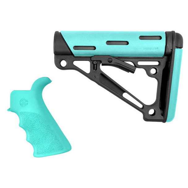 HOGUE AR-15/M-16 OverMolded Aqua Beavertail Grip and Mil-Spec Compatible Collapsible Buttstock Kit (13456)