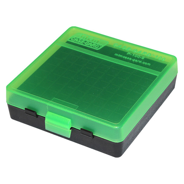 MTM Flip-Top 9mm 380 ACP 100 Round Clear Green/Black Ammo Box (P-100-9-16T)