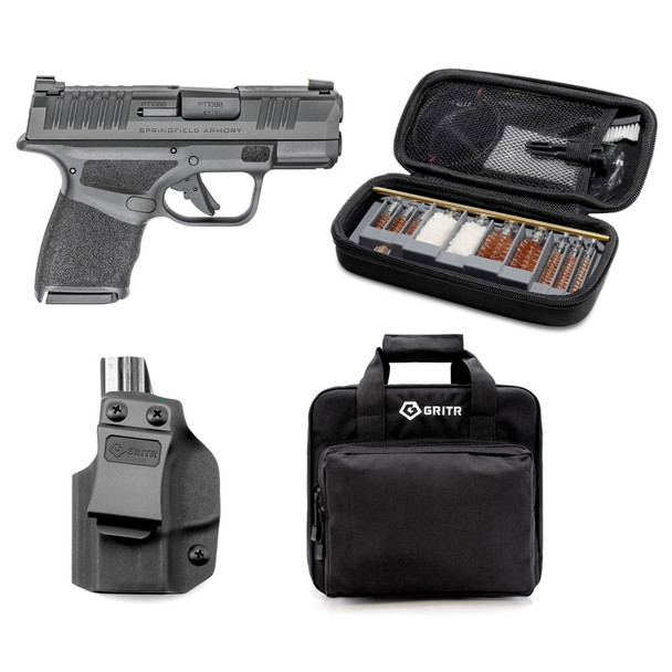 SPRINGFIELD ARMORY Hellcat 3in Micro-Compact 9mm Pistol with GRITR Hellcat IWB LH Kydex Gun Holster for Springfield Hellcat, GRITR Multi-Caliber Gun Cleaning Kit and GRITR Soft Black Pistol Case