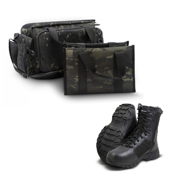 GRITR Tactical Black Multicam Range Bag with SMITH & WESSON FOOTWEAR Men's Breach 2.0 8in Side Zip Black 12.5 W Boots
