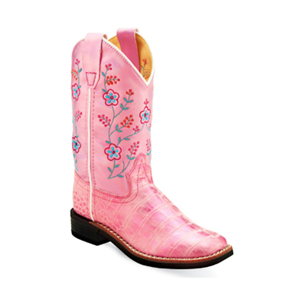 OLD WEST Children's Antique Pink Croco and Shiny Pink Leatherette Broad Square Toe Boots (VB9178)