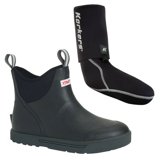 XTRATUF Men's Wheelhouse Ankle Deck Black Size 12 Boot and KORKERS I-Drain Neoprene 3.5mm Black Size L Guard Sock