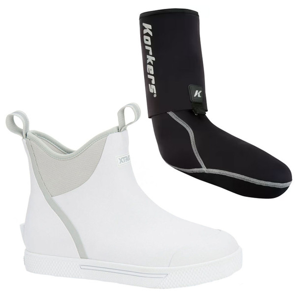 XTRATUF Men's Wheelhouse Ankle Deck White Size 11 Boot and KORKERS I-Drain Neoprene 3.5mm Black Size L Guard Sock