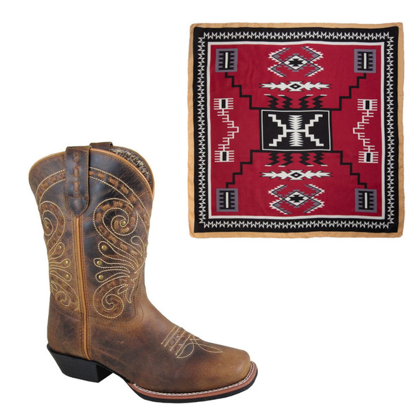 SMOKY MOUNTAIN BOOTS Women's Shelby Brown Waxed Distress Leather Western 10W Boots and WYOMING TRADERS Aztec Maroon Black Silk Scarf