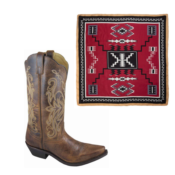 SMOKY MOUNTAIN BOOTS Women's Madison Brown Distress Leather Western 7.5M Boots and WYOMING TRADERS Aztec Maroon Black Silk Scarf
