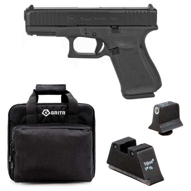 GLOCK G19 Gen5 Compact MOS 9mm 4.02in 3x 10rd Mags Semi-Automatic Pistol and TRIJICON Suppressor/Optic Height Sights for Glock Standard Frames, GRITR Soft Black Pistol Case