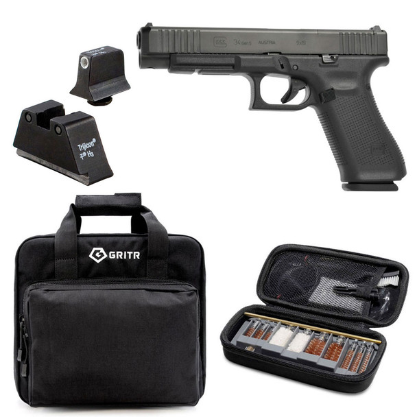 GLOCK G34 Gen5 Competition MOS 9mm 5.31in 3x 17rd Mags Semi-Automatic Pistol and TRIJICON Suppressor/Optic Height Sights for Glock Standard Frames, GRITR Multi-Caliber Cleaning Kit, GRITR Soft Black Pistol Case