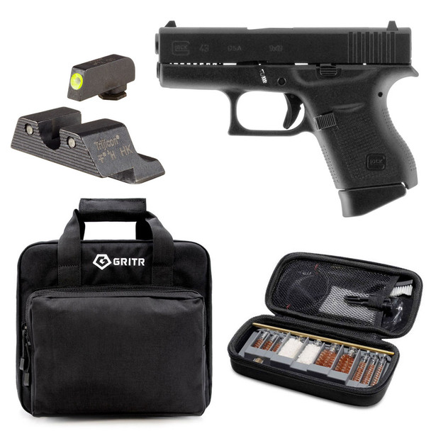 GLOCK G43 Subcompact 9mm 3.41in 2x 6rd Mags Semi-Automatic Pistol and TRIJICON HD XR Night Sights for Glock Small Frames, GRITR Multi-Caliber Cleaning Kit, GRITR Soft Black Pistol Case