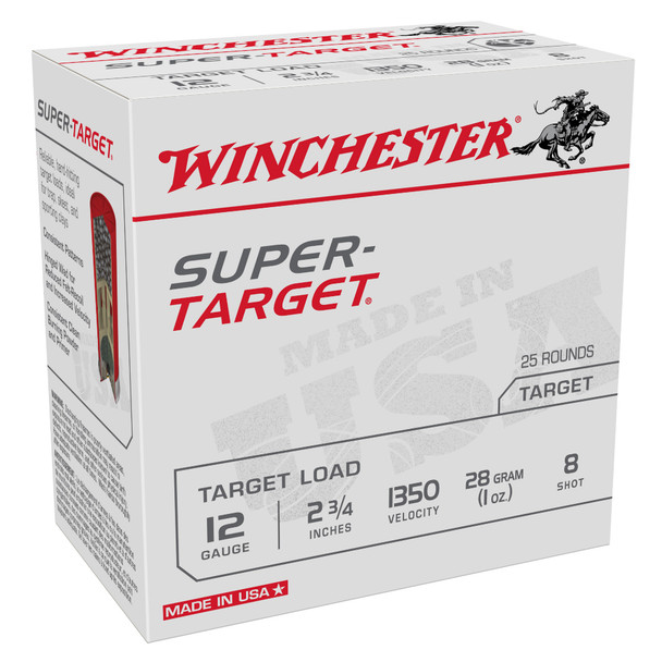 Winchester Ammo Super Target 12 GA 2-3/4in 1oz 1350 FPS #8 Shotshell 25 Round Box (TRGT13508)