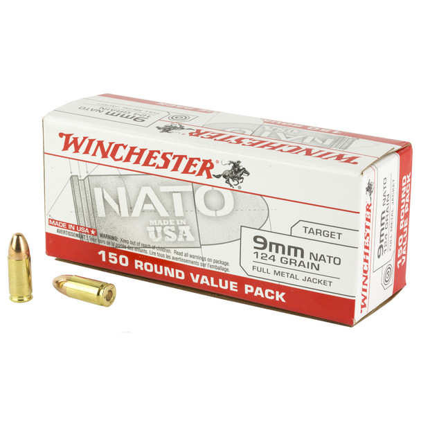 Winchester Ammo 9mm NATO 124Gr Full Metal Jacket (FMJ) 150 Round Box Handgun Ammo (USA9NATO)