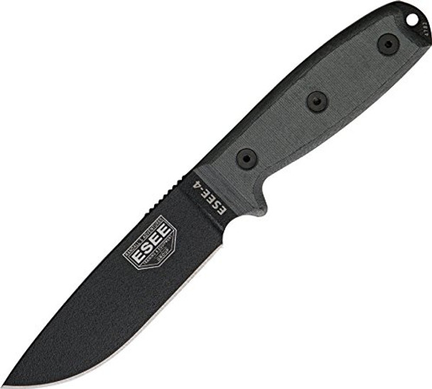 ESEE KNIVES ESEE-4 Plain Edge 4.5in Black Blade Knife with Coyote Brown Sheath (ESEE-4P)