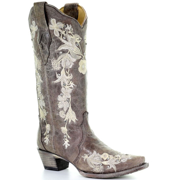 CORRAL Women's Tobacco Studs & Flowered Embroidery & Crystals Boots (A3572-LD)