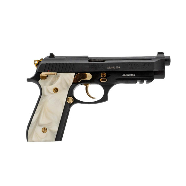 TAURUS PT92 9mm 5in 17+1rd Semi-Auto Pistol with White Pearl Grips and Gold Accents (1-920151GLD-WP)