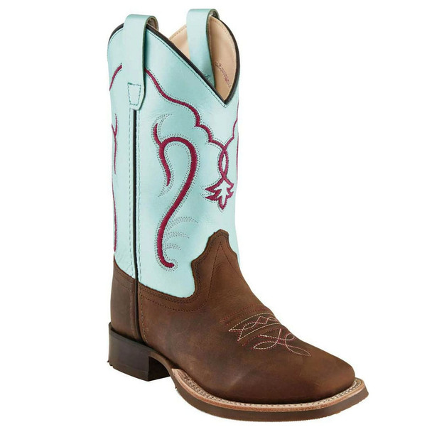 OLD WEST Children's Brown/Silver Light Blue Broad Square Toe Western Boots (BSC1909)