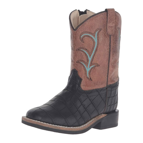 OLD WEST Toddlers All Over Leatherette Broad Square Toe Black Croco Print Foot/Light Brown Crackle Shaft Boots (VB1012)