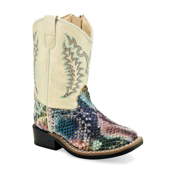 OLD WEST Toddlers All Over Leatherette Broad Square Toe Multicolored Snake Print Foot/Shiny Cream Shaft Boots (VB1077)
