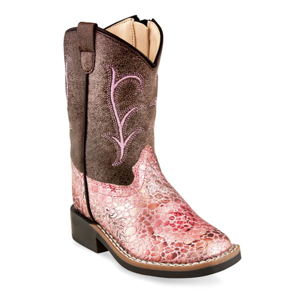 OLD WEST Toddlers All Over Leatherette Broad Square Toe Antique Pink Foot/Brown Crackle Shaft Boots (VB1054)