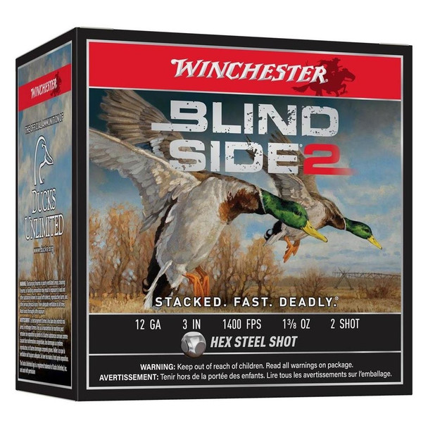 WINCHESTER AMMO Blind Side 2 12Ga 3in #2 Hex Steel 1-3/8oz 25rd/Box Shotshells (XBS1232)