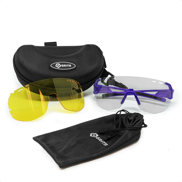 GRITR Shooting Safety Glasses w/ Interchangeable Lenses & Eva Case, Purple Frame