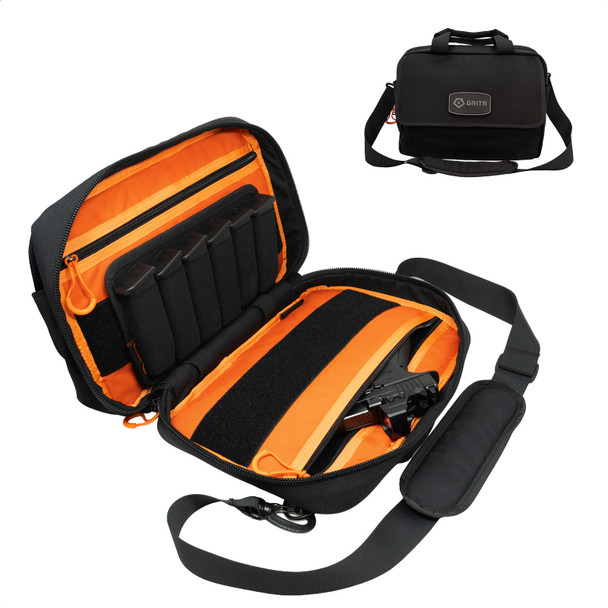 GRITR Handgun Briefcase, Soft Pistol Case w/ Mag Slots, Black & Orange