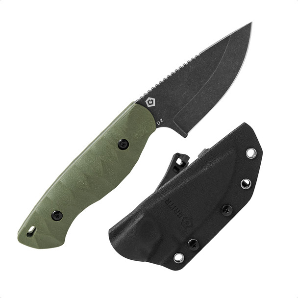 GRITR Scout Outdoor Camping EDC Drop Point Fixed Blade Knife w/ Kydex Sheath, OD Green